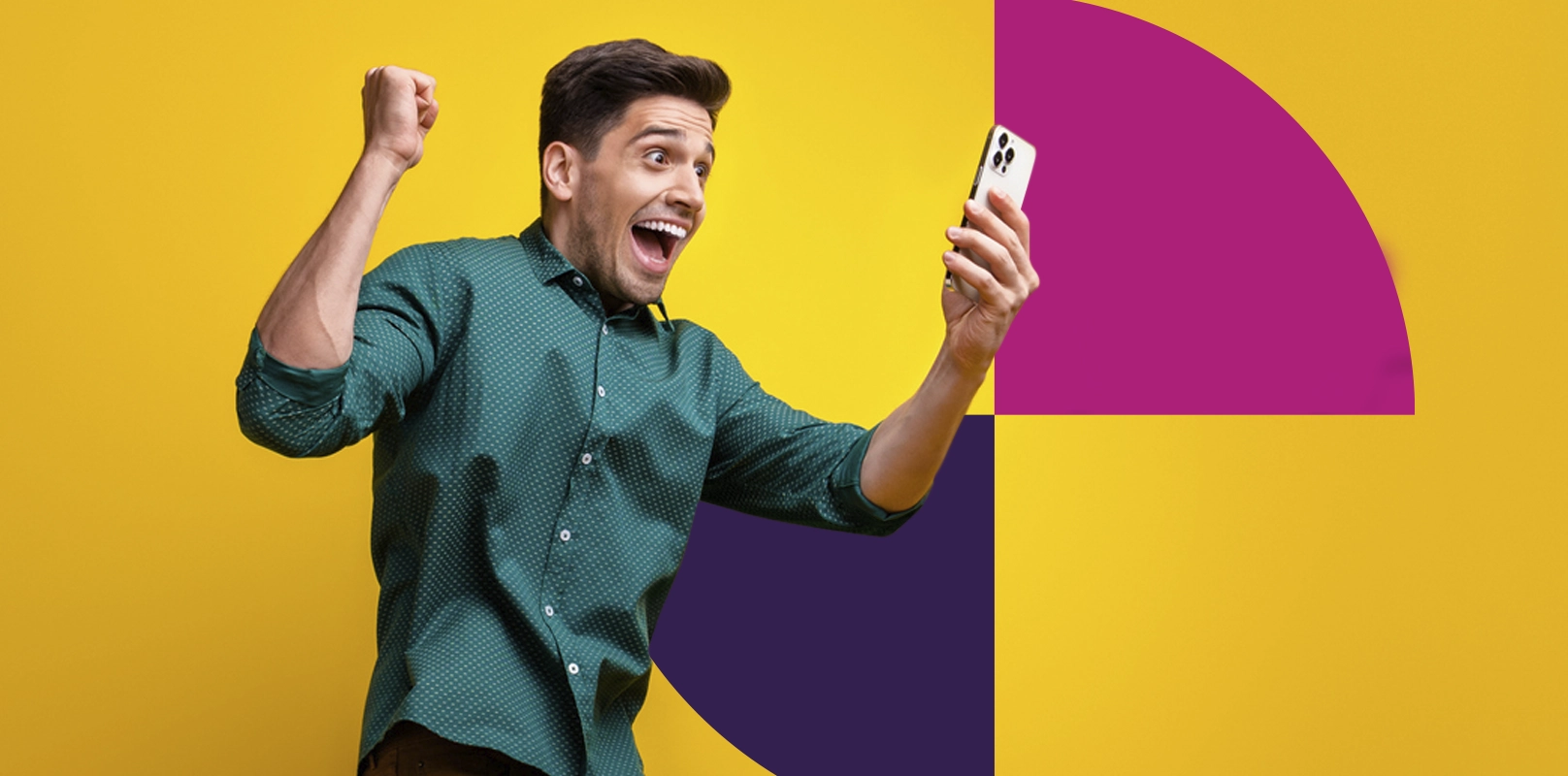 A man holding a cell phone and cheering, standing against a yellow background with Saven Financial's quarter cirlces.
